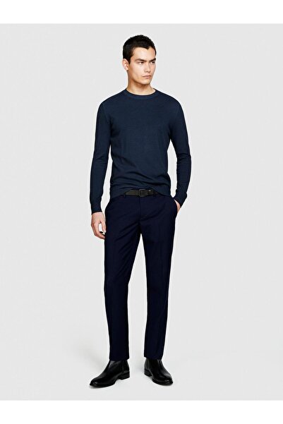 Sisley 100% Cotton Faded Crew Neck Sweater Men's Navy Blue Sweater - 324P1098S1032