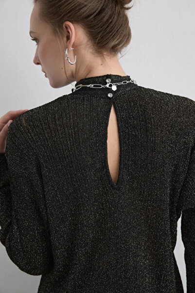 Gusto Rayon Knit Blouse with Buttoned Collar - Black