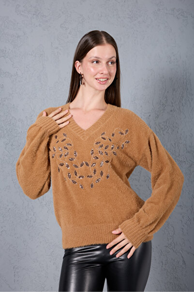 Clothes Fast Women's Beige Beard Yarn Front Beaded Embroidered Balloon Sleeve...