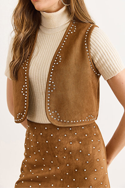 Olalook Women's Tan Stone Detailed Suede Vest Ylk-19000095