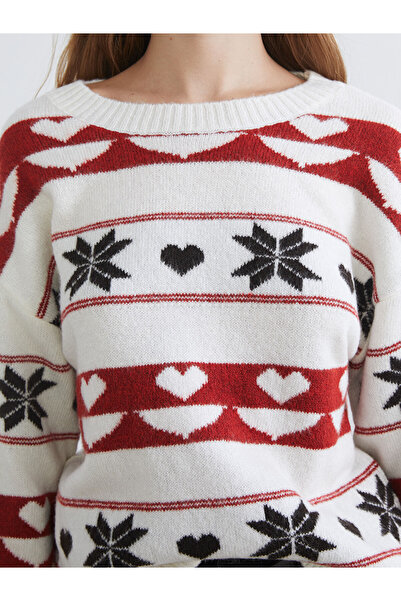 LC Waikiki Xside Ecru Crew Neck Patterned Women's Knitwear Sweater