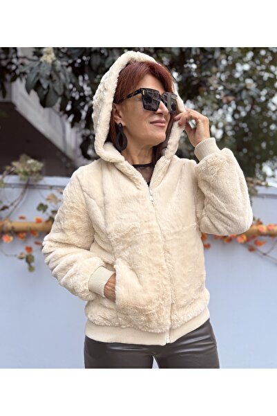 DenizEge Women's Italian K Hooded Artificial K Faux Fur Coat Ecru