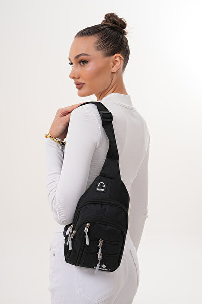 Boman Shop Unisex Black Waterproof Shoulder Bag with USB Headphone Outlet Crossbody Chest Bag