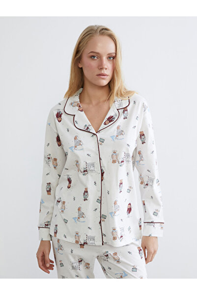 LC Waikiki Dream Ecru Shirt Collar New Year Themed Women's Pajama Set