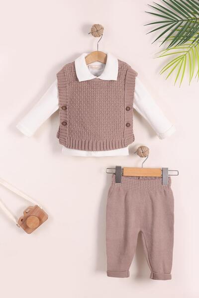 kidello Brown Baby Boy Knitwear 3-Piece Set – Vest Set , with Pants, Long Sleeves