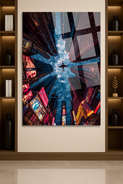 TAULART New York Glass Painting Times Square Lights and Airplane Silhouette Glass Painting – Modern Cityscape Painting