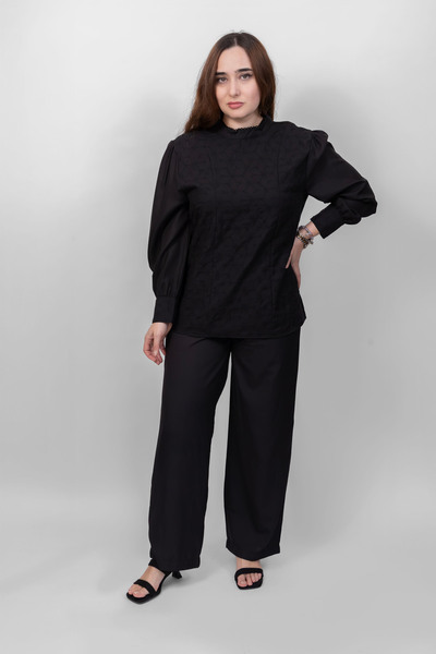 LINELLE Ladies Co-Ord Set – Soft Crepe Black Shirt with Floral Embroidery with Solid Black Pant