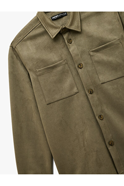 Koton Regular Fit Long Sleeve Pocket Detail Classic Collar Faux Suede Shirt