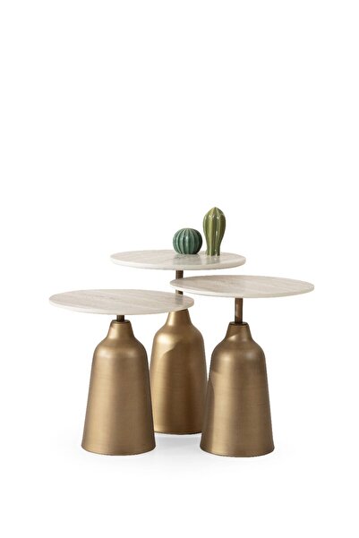 fermina mobilya Beige Zigon Sehpa – 3’lü Set – Beyaz / Pirinç Ayak