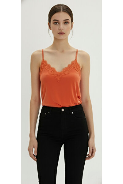 MELA ROSSA Women's Orange Lace Adjustable String Strap Sandy Fabric Tank Top Blouse