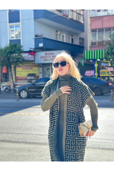 ZENGEZUR MALL Sptrns Black Line Patterned Dress Cardigan Knitwear Set Khaki (171704) (Size: Standard)