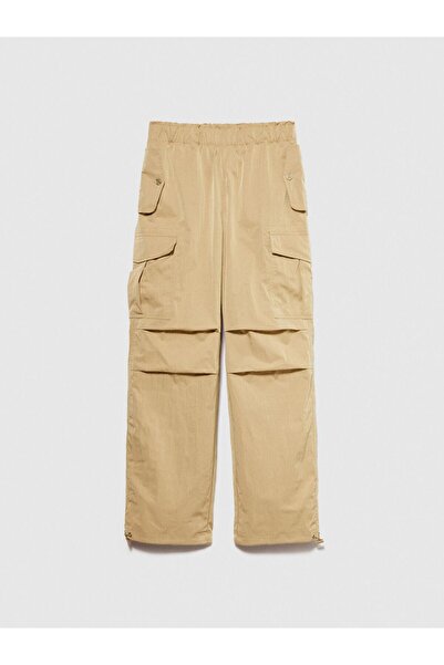 Sisley Elastic Waist Patch Pocket Drawstring Cuffs Trousers Women's Beige Pants - 324P4Jqjlf04R