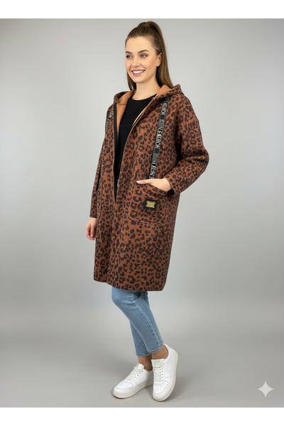 CELTMODA Women's Hooded Zippered Leopard Patterned Pocket Boucle Cardigan Coat - Orange