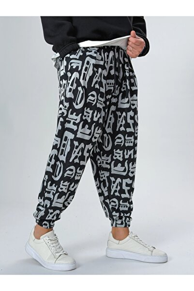 FG KONNİCHİWA Graffiti Letter Patterned Men's Pleated Half-Shalwar with Elast...