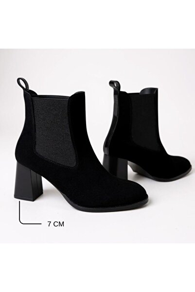 NE&VE SHOES Siyah Süet Hakiki Deri İki Yandan Lastikli Kadın Kare Burunlu Kal...