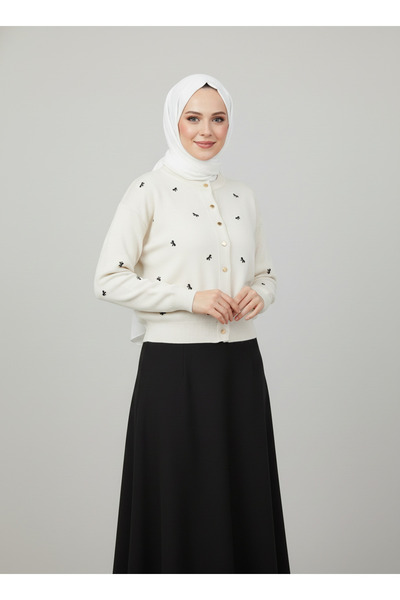 MİHRA STORE Karoria Bow Detail Metal Buttoned Knitted Cardigan-Sy3221 Ecru