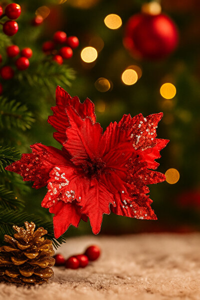 Parti Dükkanım زهرة بونسيتيا ذات الساق الطويلة بطول 28 سم مع ترتر أحمر - زهرة...