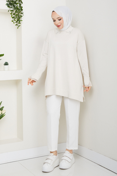 Pamuk Butik Women's Sleeve Mouth Lace Detailed Mercerized Knitwear Tunic