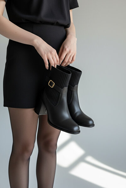 Adım Dünyası Heeled Fabric Ankle Boots Trend Black