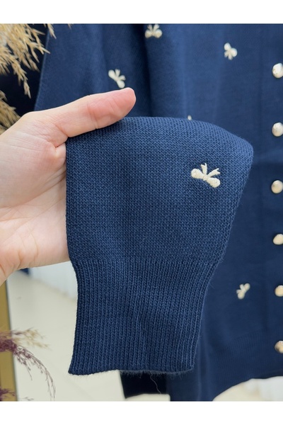 MİHRA STORE Karoria Bow Detail Metal Button Knitted Cardigan-Sy3221 Navy Blue