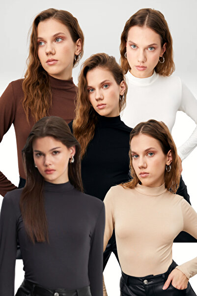 Bipantolon Women's Black Cream White Bitter Coffee Anthracite 5-Piece Half Turtleneck Basic Bodysuit