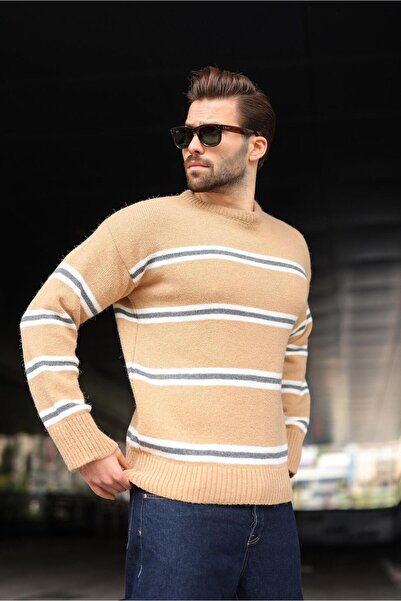 Madmext Ανδρικό πουλόβερ με ρίγες Camel E7457