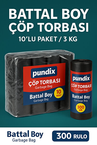 Pundix Battal Boy Çöp Torbası 75X90 cm (10’lu Rulo – Opp Ambalaj – Toplam 3 Kg) | Geniş Hacimli Çöp Poşeti