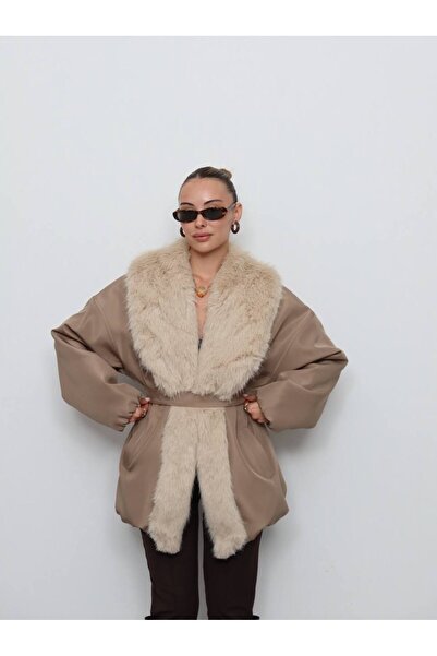 Zey Studio Palton de damă bej cu guler cu blană, cu detaliu de guler în strat...