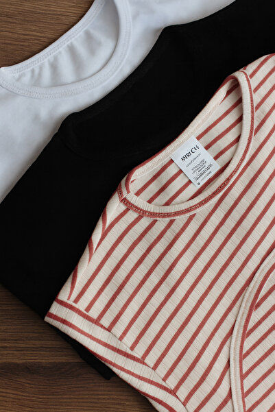 mirach 3-Piece Economical Set Zero Round Neck Collar Sleeves Burgundy Striped White Black Bodysuit Flexible Stretch Fabric