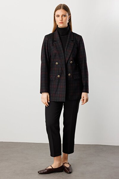 Ekol Women's Plus Size Plaid Jacket with Flap Pockets 5539 Claret Red