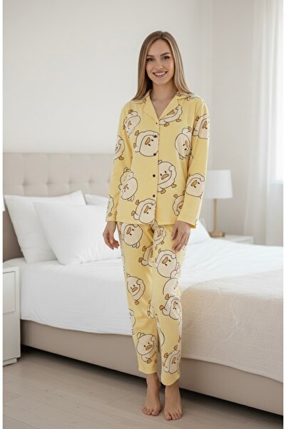 NOCHES PYJAMAS Kadın Süet Boydan Düğmeli Civciv Desenli Pijama Takımı