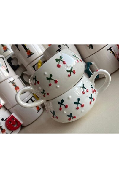 RGS HOMELİFE YENİ MODEL 2 KİŞİLİK SERAMİK KUPA KALPLİ ÇİÇEKLİ MANTARLI PAPATY...