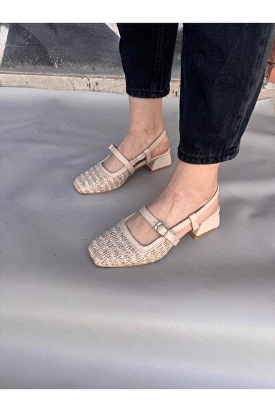 Saltopik Beige Straw Square Toe Heeled Shoes