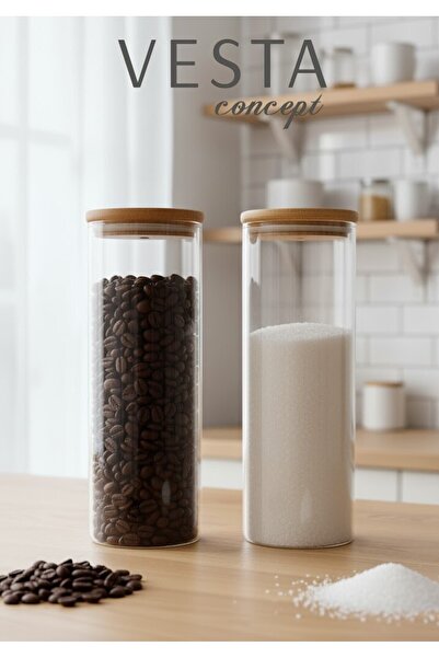 VESTA Concept Glass Jar with Bamboo Lid Set of Two – Vacuum-Sealed, Leak-Proof – Spice Container and Food Storage Container - 900 ml
