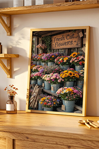 VERONİCA LİNE Fresh Cut Flowers Çiçekçi Dükkanı Gerçekçi Dekoratif Ahşap Çerç...