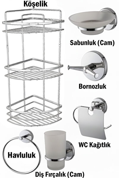 tesitay Banyo Aksesuarları Üç Katlı Köşelik Kağıtlık Havluluk Sabunluk Fırçal...