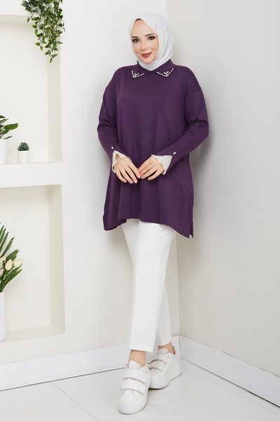 Pamuk Butik Women's Sleeve Mouth Lace Detailed Mercerized Knitwear Tunic