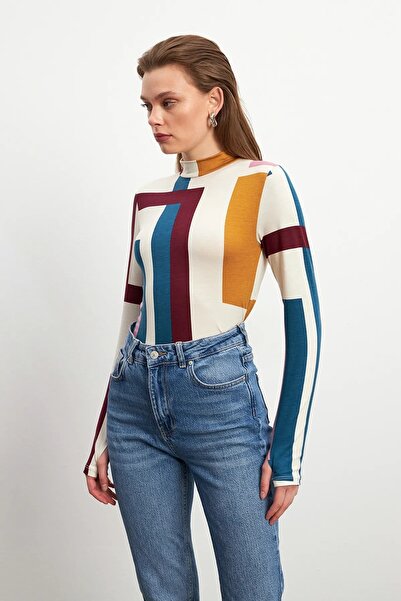 Yefrastore Women's Colorful Long Block Patterned Finger Detailed Bodysuit