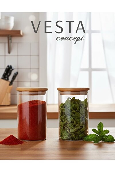 VESTA Concept Glass Jar with Bamboo Lid Set of Two – Vacuum-Sealed, Leak-Proof – Spice Container and Food Storage Container - 450 ml