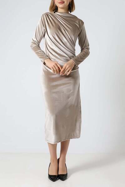 Sabr فستان ميدي مخملي نصف فيشر فستان بتجاعيد مجمّعة – فستان مخملي أنيق وراقي