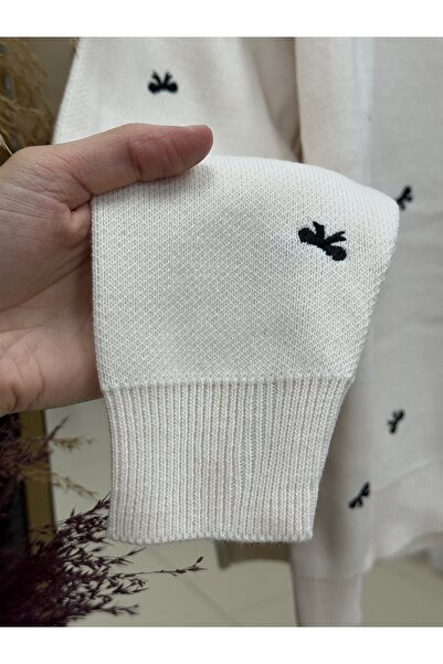 MİHRA STORE Karoria Bow Detail Metal Buttoned Knitted Cardigan-Sy3221 Ecru