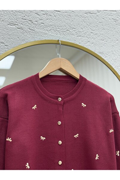 MİHRA STORE Karoria Bow Detail Metal Button Knitted Cardigan-Sy3221 Burgundy