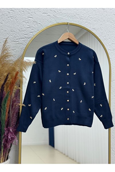 MİHRA STORE Karoria Bow Detail Metal Button Knitted Cardigan-Sy3221 Navy Blue