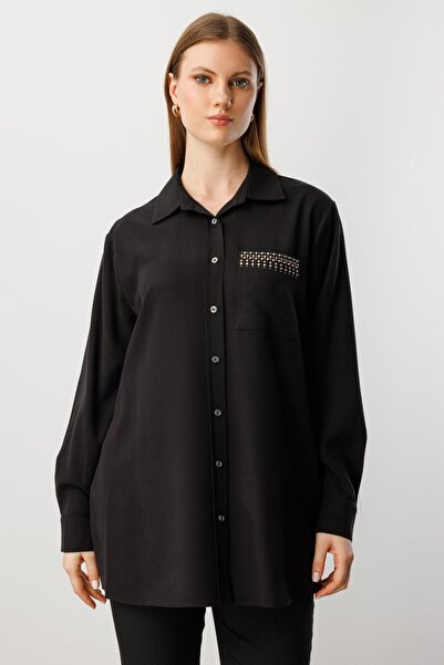 Ekol Women's Plus Size Pocket Stone Embroidered Shirt 3561 Black