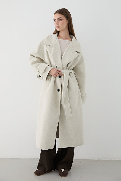 JASTE Women's Stone Wide Rever Collar Belted Long Coat