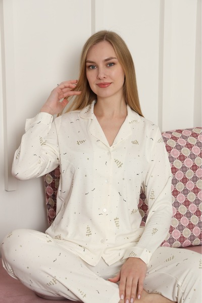Espuar Women's Buttoned Shirt Collar Patterned Combed Cotton Pajama Set