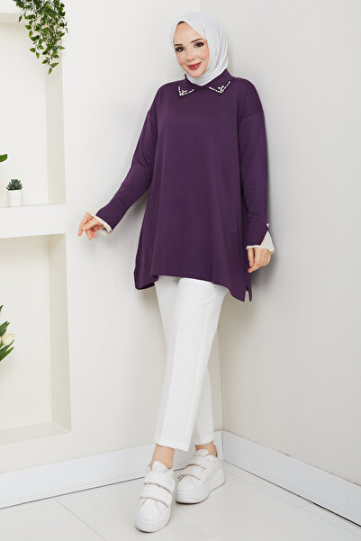 Pamuk Butik Women's Sleeve Mouth Lace Detailed Mercerized Knitwear Tunic