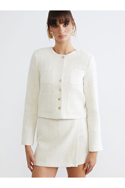 LC Waikiki Ecru Crew Neck Women's Tweed Jacket