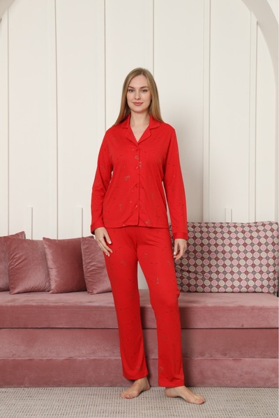 Espuar Women's Buttoned Shirt Collar Patterned Combed Cotton Pajama Set