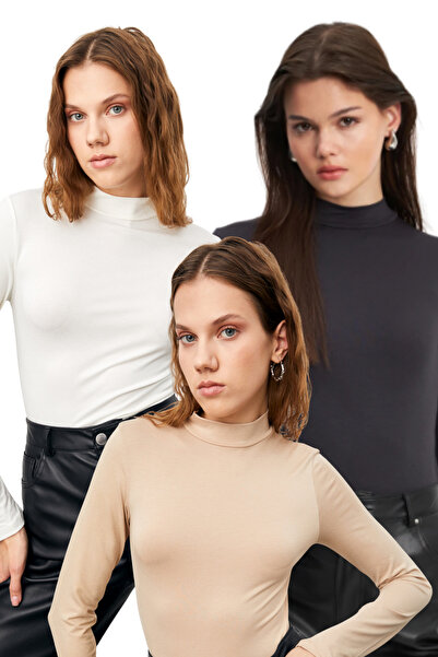 Bipantolon Women's White Cream Anthracite 3-Piece Half Turtleneck Basic Bodysuit